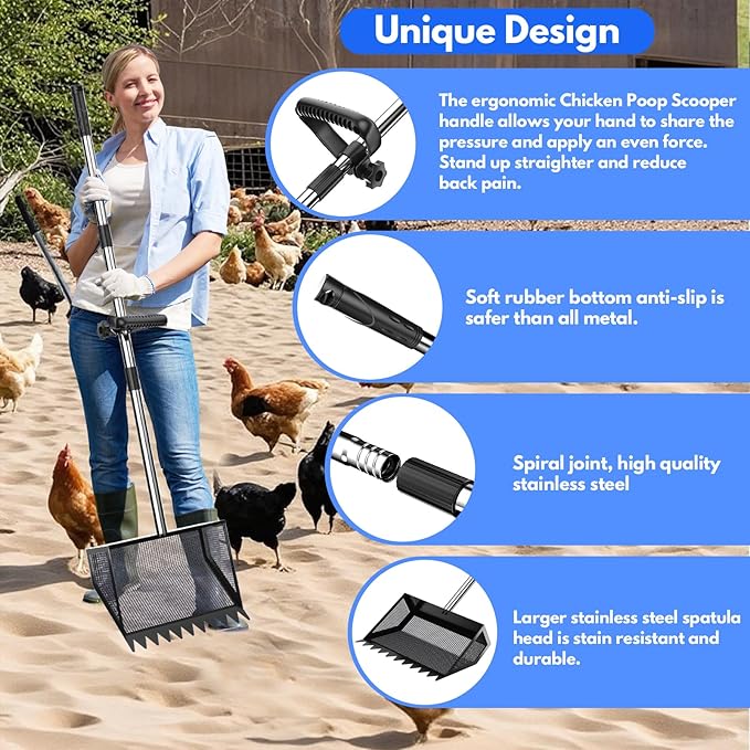 Chicken Poop Scooper & Rake 2-in-1, 304 Stainless Steel Shovel Head, Chicken Litter Scoop with Handle for Chicken Coop & Pet Waste Cleaning, Litter Sifting Shovel (35 to 65") US Patent Pending (Black)-Mewly Pet