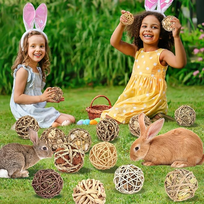Bunny Chew Grass Balls, Rolling Chew Toys for Small Animals, Improving Dental Health, Natural Chew Grass Toys for Rabbits, Guinea Pigs, Chinchillas, Hamsters, Mice (16 Pcs)-Mewly Pet