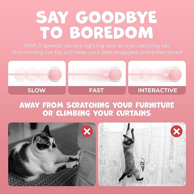 Pawlo Speedy Tail 2.0 Cat Toy –Teazys Turbo Tail Upgrade – Interactive Cat Toy – Kitten Toys – Automatic cat Toy for Boredom – Moving cat Toys for Indoor Cats with 2 Tails (Pink)-Mewly Pet