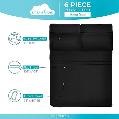 DREAMCARE King Size Sheets Set – 6 pcs Cooling Bed Sheets – up to 15” Deep Pocket King Sheet Set – 2500 Supreme Collection – Extra Soft 100% Brushed Microfiber Hotel Luxury with Side Pocket – Black