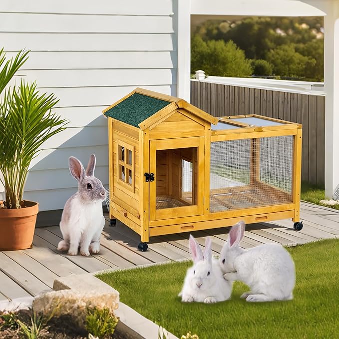 Wooden Rabbit Hutch with Waterproof Roof,Outdoor/Indoor Bunny Cage with Removable Slide-Out Bottom Tray, Chewproof Rabbit cage for Small-Medium Animals (Guinea Pigs, Hedgehogs)-Mewly Pet