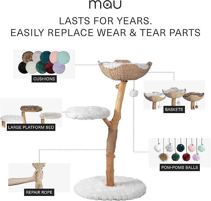 Wooden Cat Climbing Tree Tower, Modern Single Branch Cat Condo, Wood, Cat Lover Furniture Gift by MAU LIFESTYLE (Alpine White)-Mewly Pet