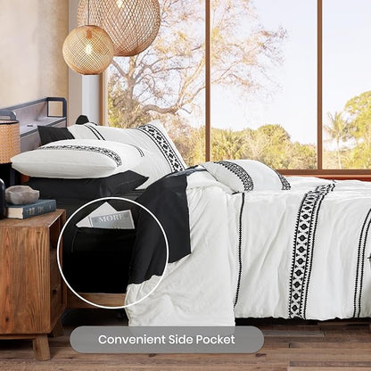 MaiRêve Embroidery Boho Comforter Sets Full Size - 7 Piece, Farmhouse Western White Black Comforter Set, All Season Bed in A Bag Full Size with Sheets, Pillowcases & Shams