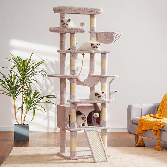Heybly Tall Cat Tree, 78-inch Multi-Level Cat Tower for Indoor Cats, 2 Widened Plush Perches Cat Condo with Scratching Board and Big Caves, Muchroom HCT033MU-Mewly Pet