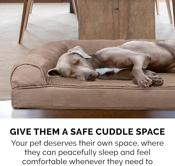 Furhaven Cooling Gel Dog Bed for Large Dogs w/ Removable Bolsters & Washable Cover, For Dogs Up to 95 lbs - Plush & Suede Sofa - Almondine, Jumbo/XL-Mewly Pet