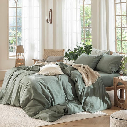 MooMee Bedding Duvet Cover Set 100% Washed Cotton Linen Like Textured Breathable Durable Soft Comfy (Heathered Green, Cal King 104"x98")