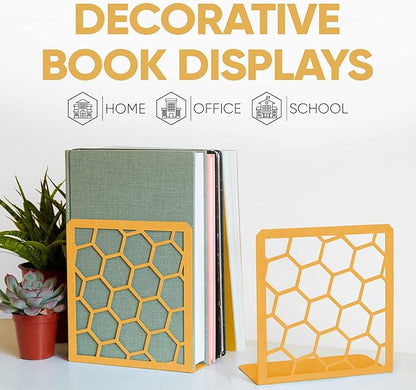 GEOMOD Geometric Honeycomb Gold Metal Bookends Decorative - Tall Sturdy Book Ends for Shelves - Modern Heavy Duty Bookend Stopper - Office or Home Book Shelf Book Holder - 6x3.25x6.25 Inches - 2 Pair