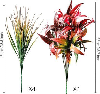 8 Bundles Artificial Plants Bushes Outdoor UV Resistant Fake Flowers Grass Bulk Faux Plastic Greenery for Fall Winter Summer Outside Window Box Planter Front Porch Yard Floral Arrangements