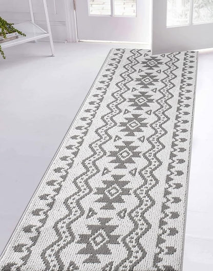 Custom Size Southwestern Style Runner Rug Mat for Wide Hallway Entryway Kitchen Laundry Room with Slip Resistant Latex Rubber Backing, Aztec Light Grey, 31 inch X 20 feet