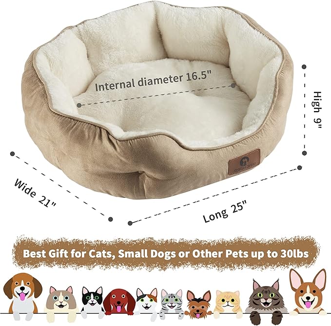 Asvin Medium Dog Bed for Medium Dogs, Cat Beds for Indoor Cats, Pet Bed for Puppy and Kitty, Extra Soft & Machine Washable with Anti-Slip & Water-Resistant Oxford Bottom, Light Brown, 25 inches-Mewly Pet