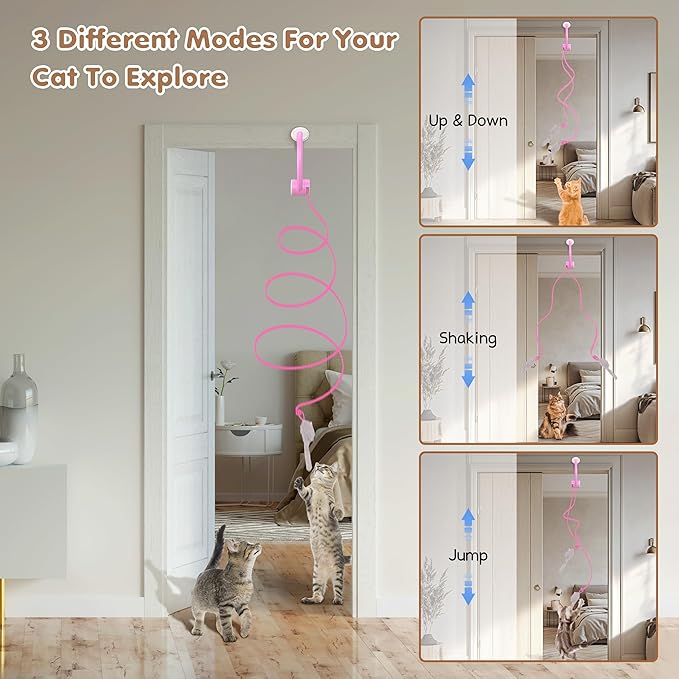 Interactive Cat Toys Rechargeable, Feather Toy for Indoor Cat, Hanging Retractable Teaser Toy, Automatic Kitten Play Chase Exercise Toys with Three Plush Mouse, USB Powered (Pink)-Mewly Pet