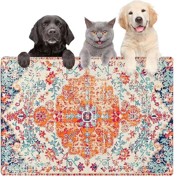 Large Boho Dog Cat Food Mats for Floors, Absorbent Dog Bowl Mat for Food and Water Dispenser Mat, Quick Dry Pet Supplies (Vintage Orange, 36'' x 24'')-Mewly Pet