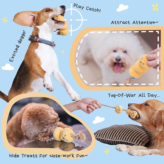 Curry Fishball Soft Plush Squeaky Dog Pull Toy - Durable, Iconic, Cute & Fun Rope Toy for Interactive Bonding Time, Sliding Mechanism, Hide Food for Puzzle Play, Small Medium Dogs-Mewly Pet