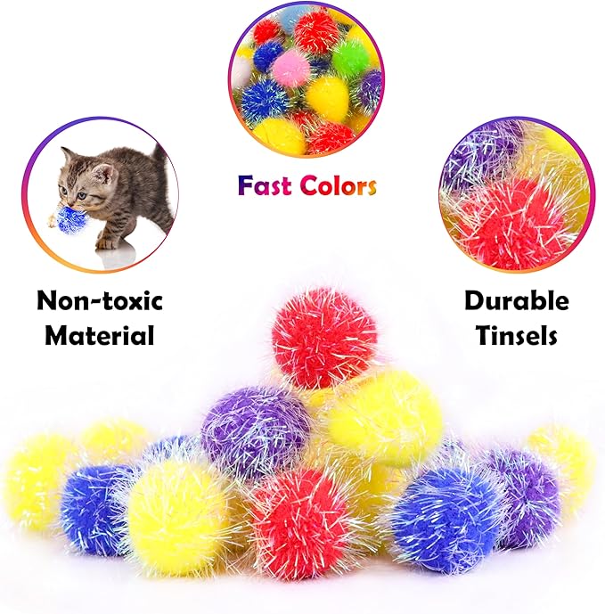 30 Pieces 1.6 inches Sparkle Pom Pom Balls for Cat - Interactive Glitter Balls, Multicolor, Best as Kitten Play Toys-Mewly Pet