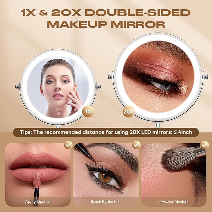 Makeup Mirror with Lights, 1x/20x 360° Rotation Vanity Mirror, Brightness Adjustable Lighted Makeup Mirror with Magnification, 5000 mAh Rechargeable Double Sided Mirror with 3 Colors, Gift for Women