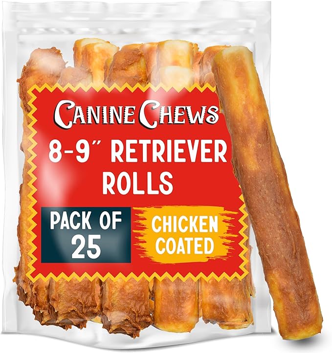 Canine Chews 8-9" Chicken Coated Dog Rawhide Retriever Rolls (25 Pack) - Chicken Rawhide Bones for Large Dogs - 100% USA-Sourced Chicken Coated Dog Rawhide Chews - Healthy Dog Dental Chew Rawhides-Mewly Pet