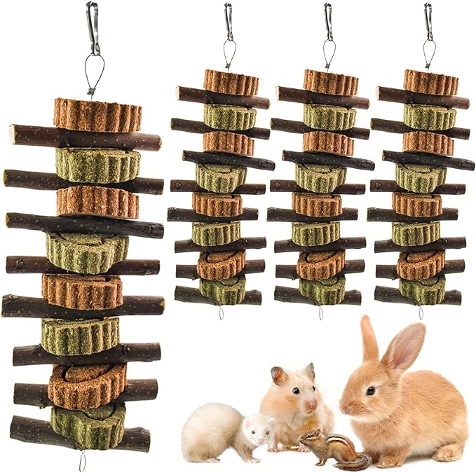 Rabbit Chew Toy,Bunny Chew Toys for Teeth Grinding,Natural Apple Branch Teething Sticks with Hay Grass Cake Improve Dental Health Bunny Hanging Chew Toys for Rabbits,Chinchillas,Hamster (4 Pcs)-Mewly Pet