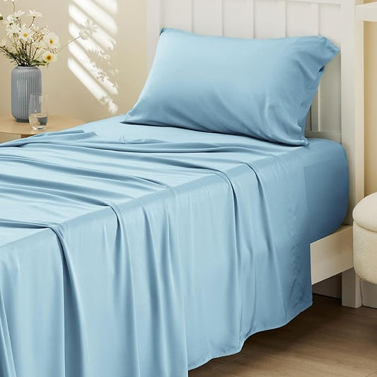Bedsure Cooling Sheets Twin XL, Rayon Derived from Bamboo, Breathable & Soft Twin XL Sheet Sets, Deep Pocket Up to 16 Inches, Hotel Luxury Silky Dorm Bedding for Hot Sleepers, Aqua