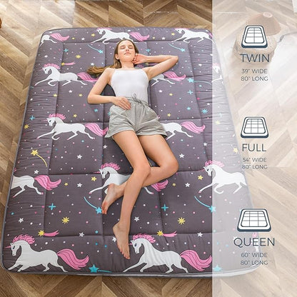 MAXYOYO Futon Mattress, Unicorn Pattern Japanese Floor Mattress Quilted Bed Mattress Topper, Extra Thick Folding Sleeping Pad Breathable Floor Lounger Guest Bed for Camping, Grey, Twin