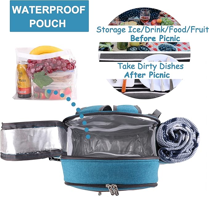 Apollo Walker Picnic Backpack Set for 2 Person with Cooler Compartment, Detachable Bottle/Wine Holder, Fleece Blanket, Plates and Cutlery Set (Teal)-Mewly Pet