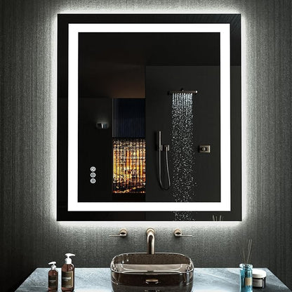 LOAAO 28"X32" LED Bathroom Mirror with Lights, Anti-Fog, Dimmable, RGB Backlit + Front Lighted, Bathroom Vanity Mirror for Wall, Memory Function