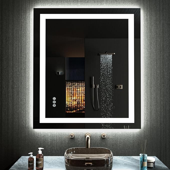 LOAAO 24"x36" LED Bathroom Mirror with Lights, Anti-Fog, Dimmable, RGB Backlit + Front Lighted, Bathroom Vanity Mirror for Wall, Memory Function
