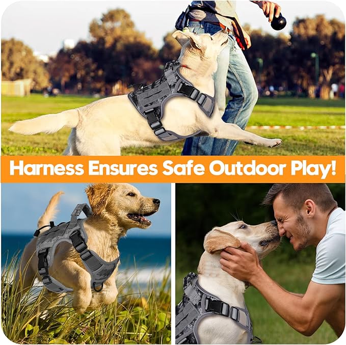 Heavy-Duty Tactical Dog Harness for Large Dogs, No Pull Adjustable Reflective Pet Vest with Molle System, K9 Military-Grade Control for Service Training, Outdoor & 10+ Breeds, Gray Camo, Small-Mewly Pet