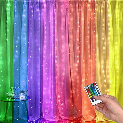 FUNPENY Window Curtain String Lights, 300 LED 8 Lighting Modes Fairy Lights USB Powered, Waterproof Lights for Christmas Bedroom Party Wedding Home Garden Wall Decorations (RGB Color Changing)