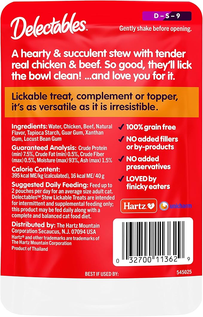 Hartz Delectables Non-Seafood Stew Lickable Wet Cat Treats, Chicken & Beef, 1.4 Ounce (Pack of 12)-Mewly Pet