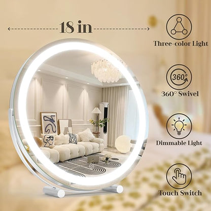 Vanity Makeup Mirror with Lights, 18 Inch LED Makeup Mirror, Lighted Vanity Mirror with Lights, Smart Touch Control 3 Colors Dimmable Round Mirror, Tabletop ＆ Desk Mirror, 360°Rotation (White)