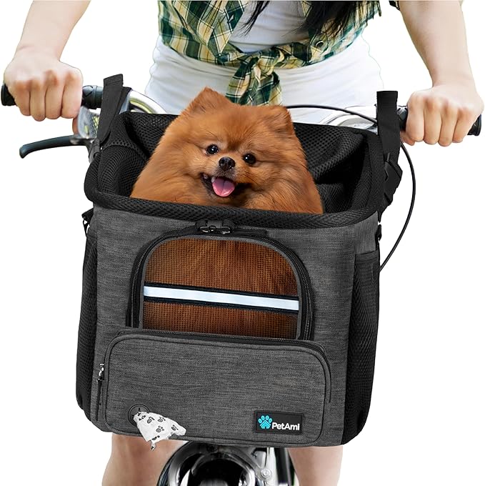 PetAmi Dog Bike Basket, Soft-Sided Ventilated Dog Bike Carrier Backpack, Pet Bicycle Basket for Bike Handlebar, Small Medium Puppy Cat Kitten Car Booster Seat with Safety Strap, Max 18 lbs, Dark Gray-Mewly Pet