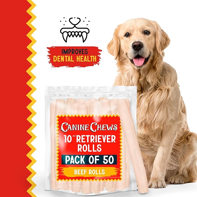 Canine Chews 10" Dog Rawhide Retriever Rolls - Rawhide Bones for Large Dogs (50 pk) - Natural Beef Dog Rawhide Chews - Single Ingredient Dog Rawhide Bones - Large Rawhide Bones for Dogs Dental Chew-Mewly Pet