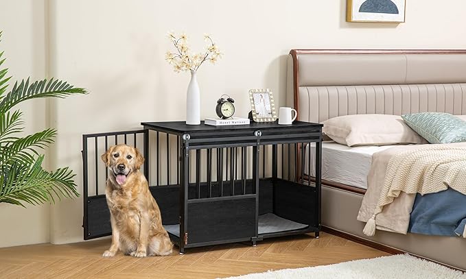 KOOPRO 40 Inch Dog Crate Furniture with Cushion for Small Medium Dogs, Wooden Heavy Duty Dog Kennel with Double Doors, Decorative Pet House Dog Cage Side End Table Indoor, Sliding Door Chew-Resistant-Mewly Pet