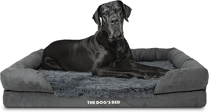 The Dog’s Bed, XXL Grey Fur Memory Foam, Pain Relief: Arthritis, Hip & Elbow Dysplasia, Post Surgery, Lameness, Supportive, Calming, Waterproof, Washable Cover, Veterinary Approved-Mewly Pet
