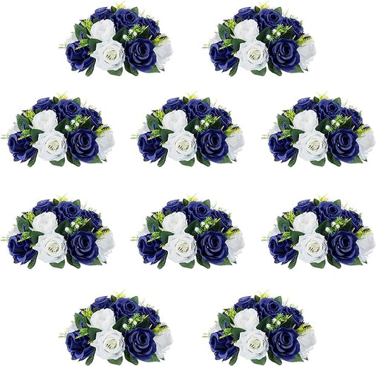 10Pcs Fake Flower Ball Arrangement Bouquet, 9.5" 15 Heads Plastic Roses with Base,Suitable for Parties Valentine's Day Wedding Centerpiece Flower Rack and Home Décor (Navy Blue & White)