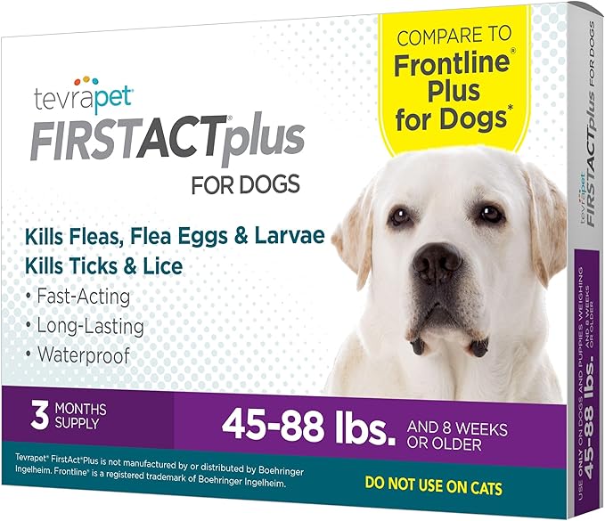 TevraPet FirstAct Plus Flea and Tick Topical for Dogs 45-88 Pounds, 3 Applicators-Mewly Pet