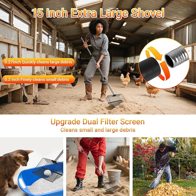 OZRVYNDAREL15 Heavy Duty Chicken Poop Scooper - All Metal Adjustable Handle (39" to 77"), Stainless Steel Sifting Shovel for Coop Cleaning, Small Mesh Design for Fine Waste, Includes Non-Slip Gloves-Mewly Pet