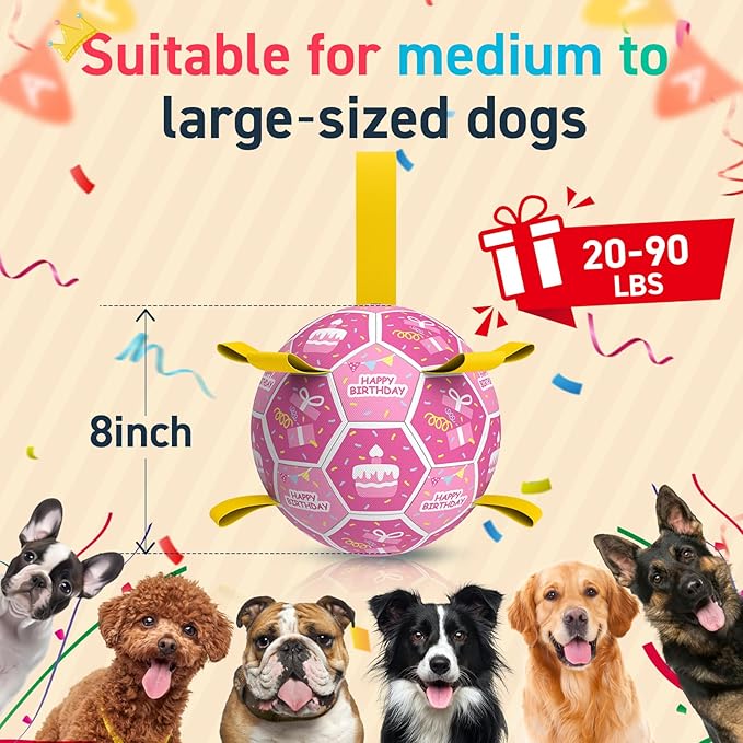 QDAN Dog Birthday Toys, Squeaky Dogs Toys, Dog Soccer Ball with Straps, Puppy Gifts, Herding Balls with Bell Inside, Water Toy, Durable Ropes Ball for Medium Large Dogs (8 inch)-Mewly Pet