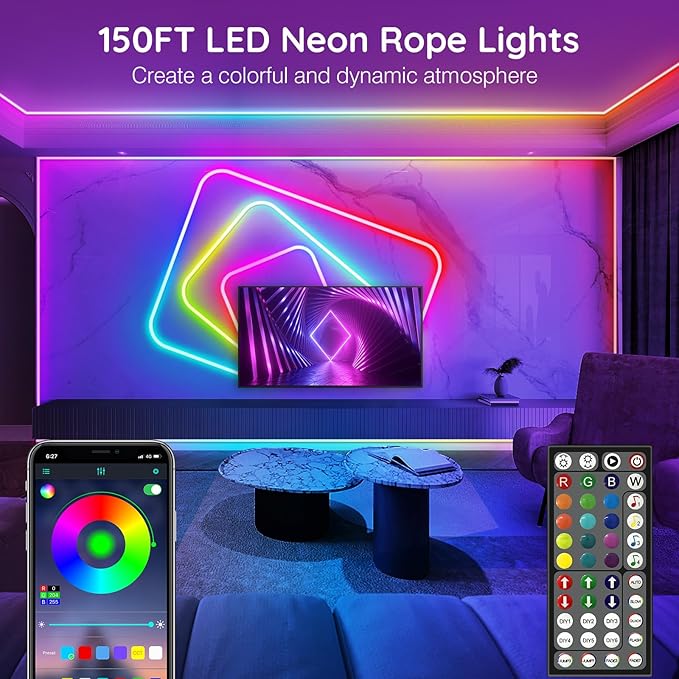AILBTON 150FT Led Neon Rope Lights Control with App/Remote,Flexible Led Rope Light,Multiple Modes,IP65 Outdoor RGB Lights Waterproof,Music Sync Gaming Led Neon Strip Light for Bedroom Decor