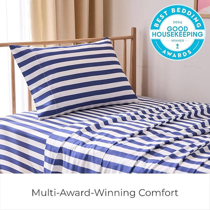 Mellanni Twin XL Sheets Set - 3 PC Iconic Collection Bedding - Hotel Luxury, Soft, Cooling Bed Sheets - Wrinkle, Fade, Stain Resistant (Twin Extra Long, Oxford Stripe Blue Nova)
