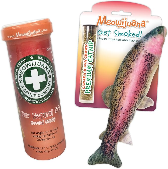 Meowijuana Clawsome Bundle | Get Smoked Refillable Trout Toy and Paw Natural OG Catnip Blend | Promotes Play and Cat Health | Includes North American Organic Catnip-Mewly Pet