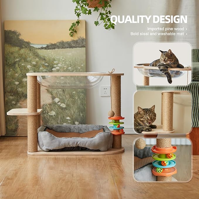 2 Tier Cat Tower,21.85 in cat Perch Wood cat condo with Hammock and Sisal Rope Scratcher Post Hanging Toy Balls for Indoor Large Cats Kittens (Grey)-Mewly Pet