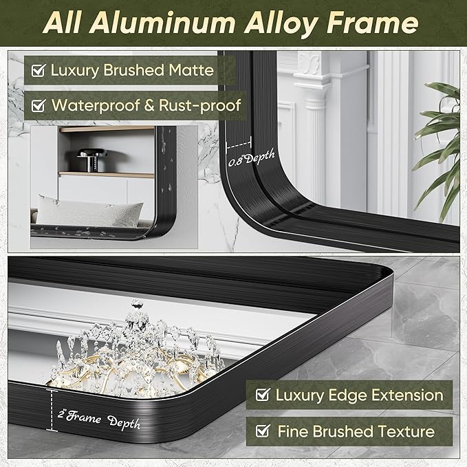 Suidia Bathroom Mirror, 60" x 36" Wall Mirror Metal Framed, Bathroom Vanity Mirror for Living Room Bedroom Bathroom Entryway, Black, Rounded Corner Style