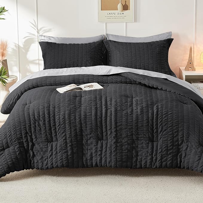 HYMOKEGE Black/Light Grey Twin XL Comforter Set Seersucker 5 Pieces, All Season Luxury Bed in a Bag for Bedroom, Bedding Set with Comforter, Sheets, Pillowcase & Sham