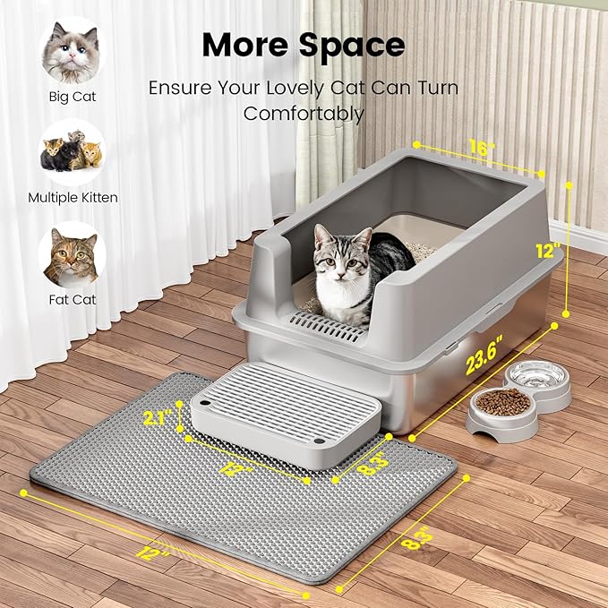 Stainless Steel Cat Litter Box - Enclosed XL Metal Kitty Litter Box with Lid for Big Cats, High Sided, Anti-Leakage, Easy Cleaning, Non-Sticky, Included Litter Mat, Cat Bowl & Spoon-Mewly Pet