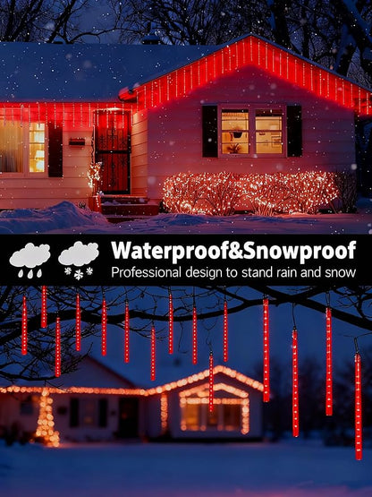 Joomer Christmas Lights Outdoor, 11.8 inch 10 Tubes 240 LED Meteor Shower Lights, LED Snow Falling Icicle Cascading Light with Timer Waterproof and Connectable for Christmas Decoration (Red)