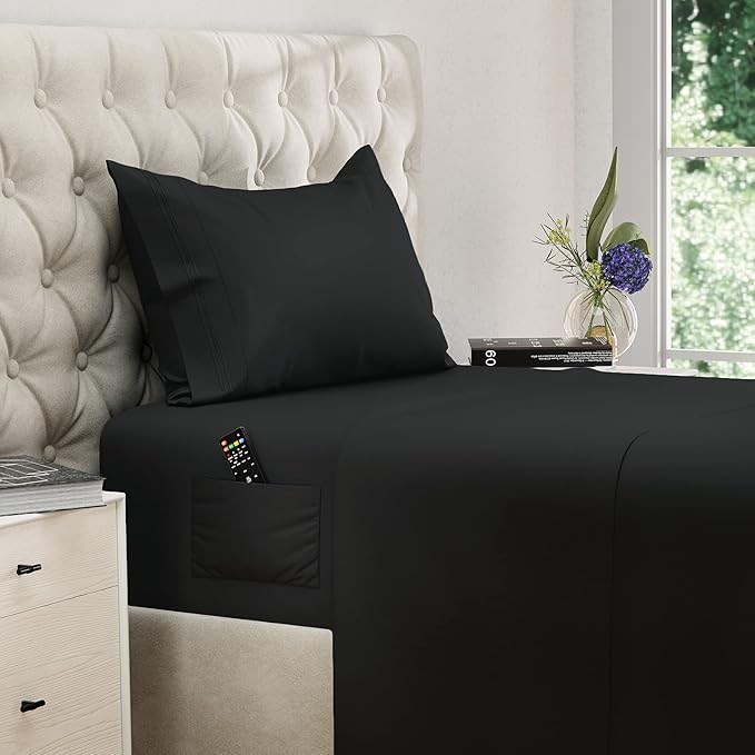 DREAMCARE Twin Sheets - 3pcs Cooling Sheets – up to 21” Extra Deep Pocket Twin Bed Sheets - Twin Sheet Set - Bed Sheets - Soft & Long Lasting 100% Fine Brushed Polyester with Side Pocket - Black