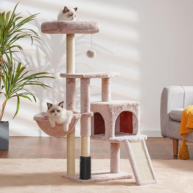 Heybly Cat Tree with Cat Self Groomer Brush, Cat Tower Condo for Indoor Cats with Padded Plush Perch, Cat House with Basket Scratching Board Post, Muchroom HCT005SMU-Mewly Pet