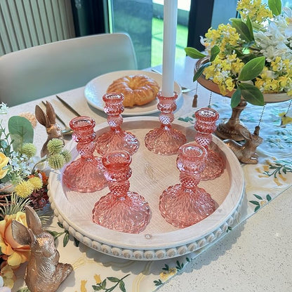 Glass Candlestick Holder,Striped Taper Candle Holders,Set of 6 Candle Stand for Table Centerpieces, Home Decor,Weddings,Festival and Parties (Peach Red Dimond)