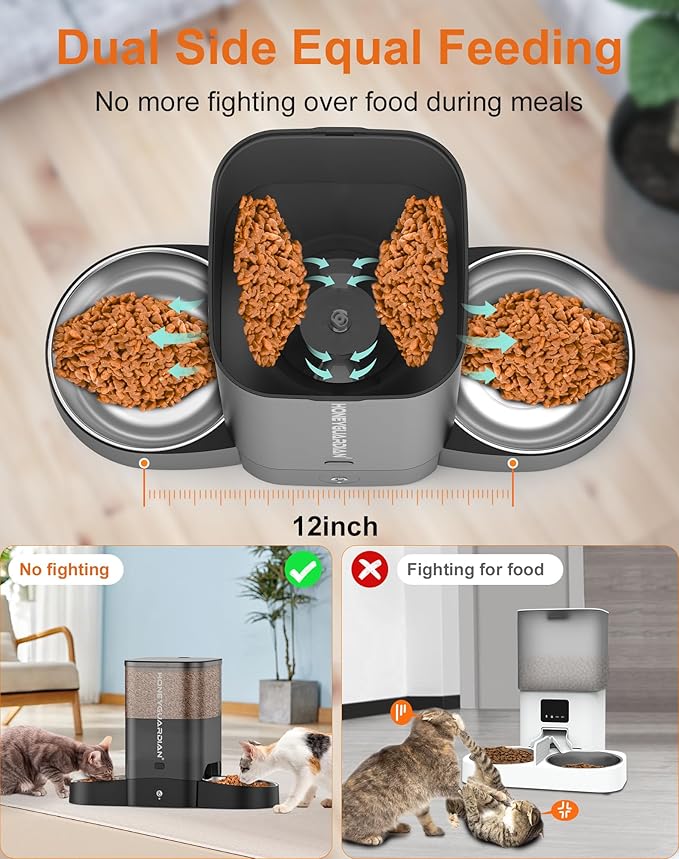 HoneyGuaridan Automatic Cat Feeder for Two Cats, 5G WiFi Smart Feed Pet Feeder with Stainless Steel Bowl,APP Control Dispenser, Dual Power Supply,Desiccant Bag,10s Meal Call Black-Mewly Pet
